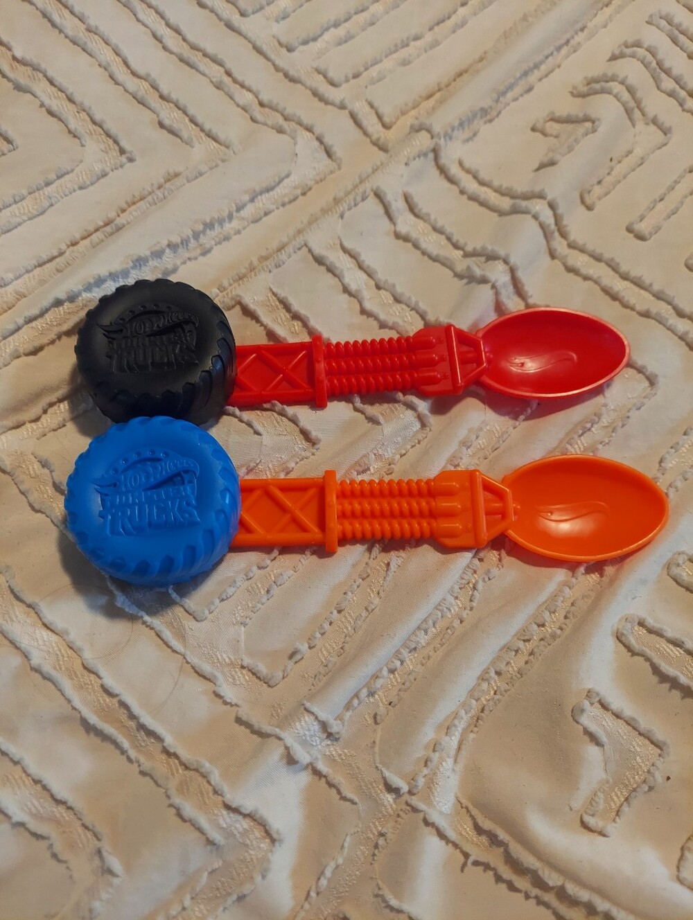 Lot of 2 Hot Wheels Monster Trucks Reusable Cereal Spoons – Blue & Red Tire Base